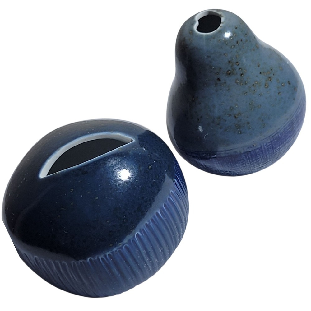 Mini Porcelain Pebble Bud Vases (2) Two Tone Blue Speckled Handmade Thailand